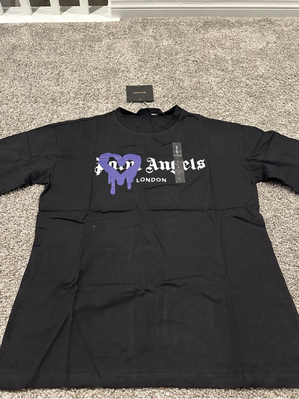 Palm Angels Black Tee with Purple Drip Heart and White Logo
